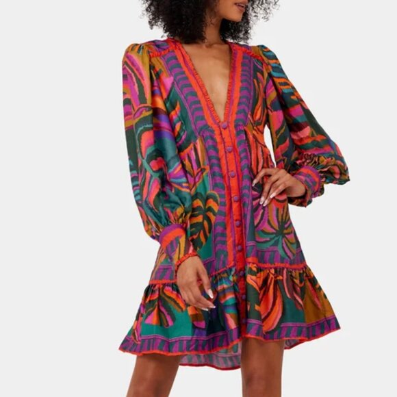 Farm Rio Graphic Foliage Long Sleeve Mini Dress I Size M I Worn only a few times - Picture 1 of 7